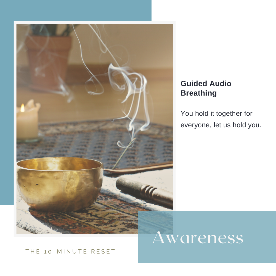 Gold singing bowl with smoke and candle on a textured surface, with text about a 10-minute guided audio breathing.