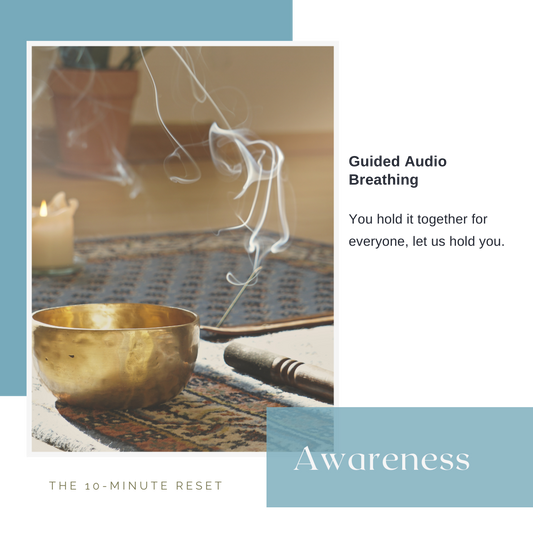 Gold singing bowl with smoke and candle on a textured surface, with text about a 10-minute guided audio breathing.