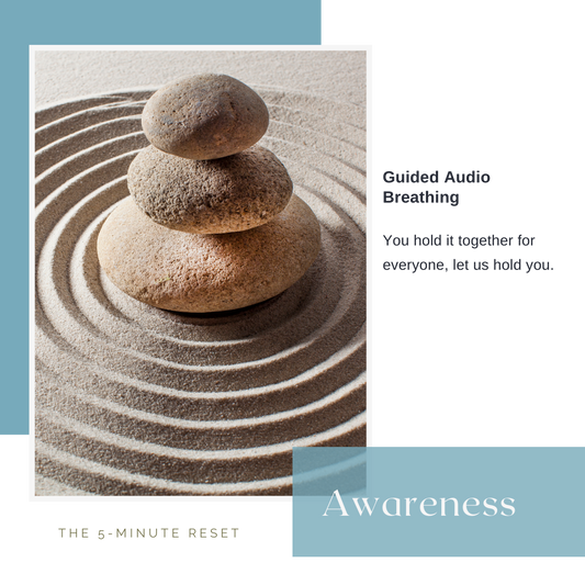 Stack of stones on sand with text about a 5-minute guided audio breathing and 'Awareness'.